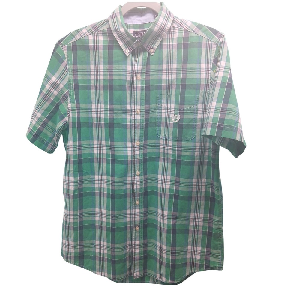 Chaps Mens Green Plaid Short Sleeve Button Down Shirt Easy Care Size‎ M